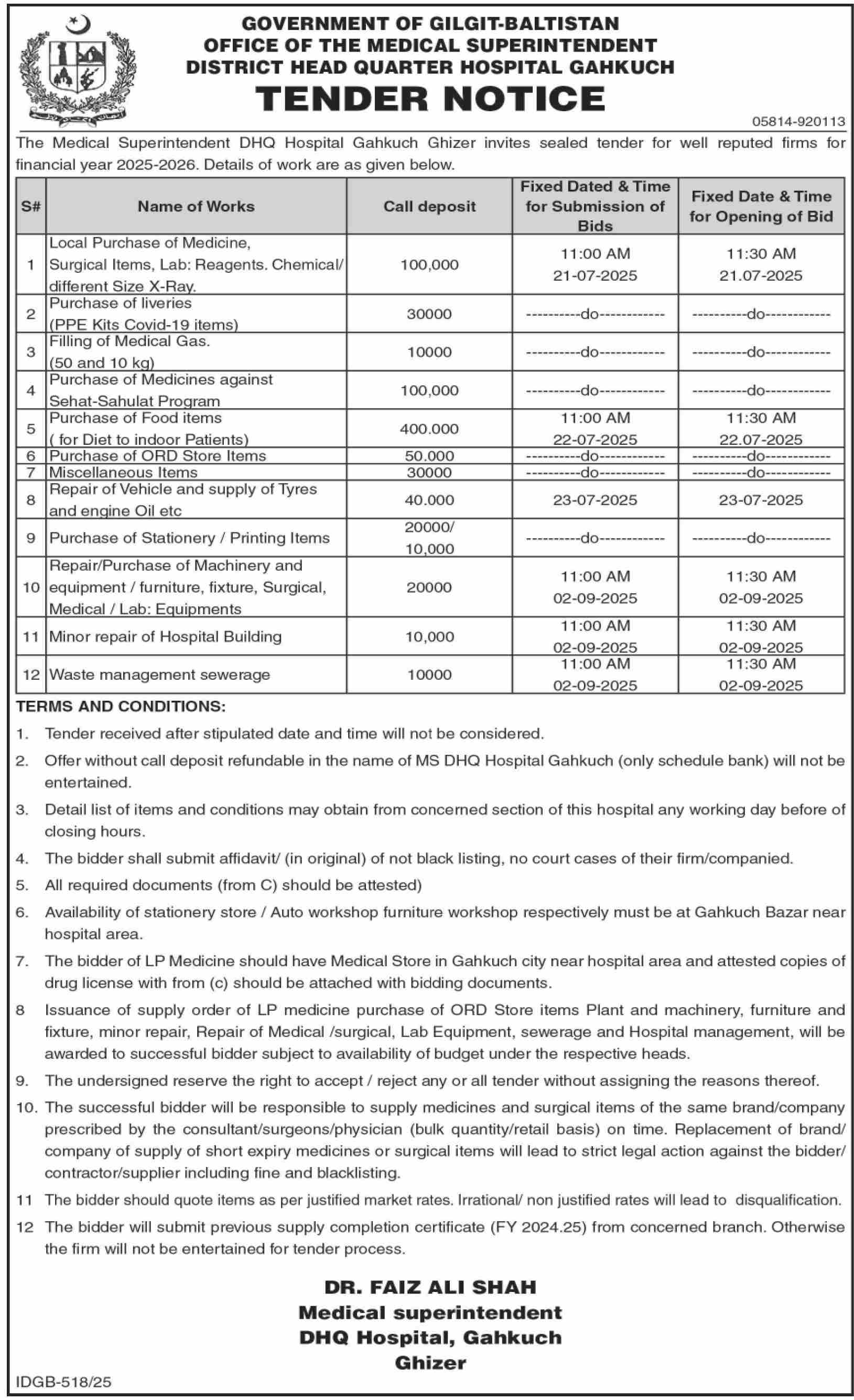 District Head Quarter Hospital Gahkuch Tender Notice
